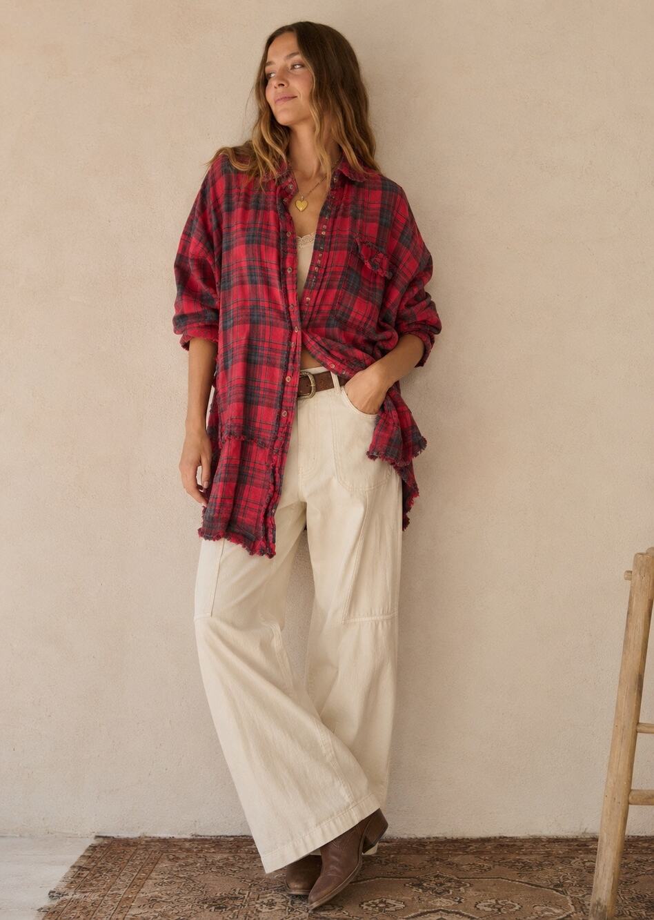 Tahulah Classic Red Plaid Cotton Oversized Flannel Top, Large